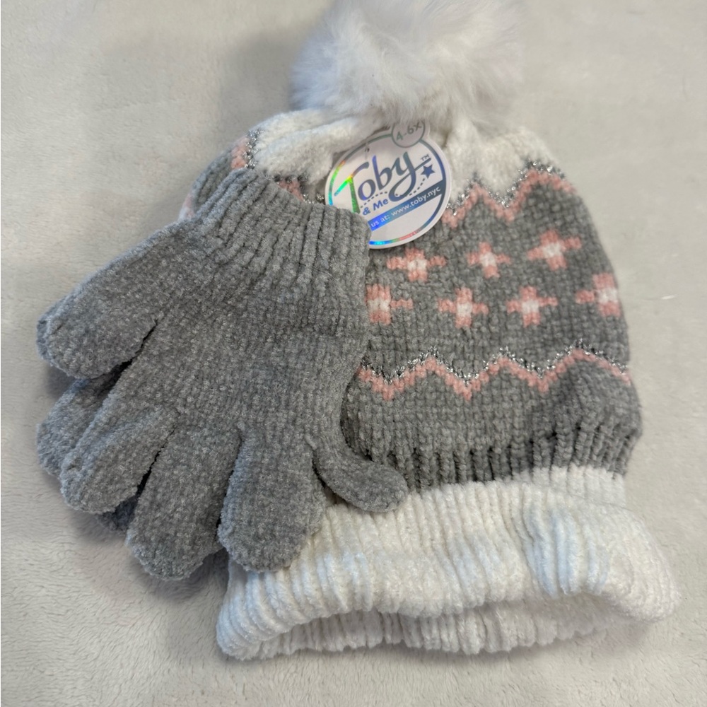 Toby girls knit hat & glove sets gray white pink cross & zig zag pattern SZ 4-6x